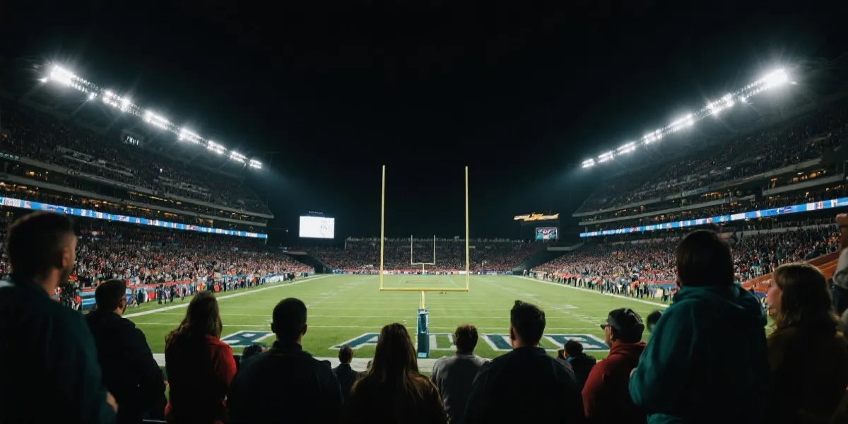 体育场夜色与球迷欢呼的场景