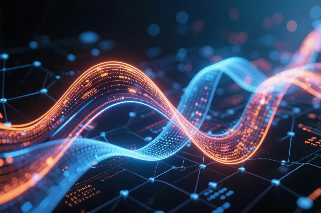 An abstract digital network visualization with glowing data streams and smooth waves, representing high-speed connectivity and data flow